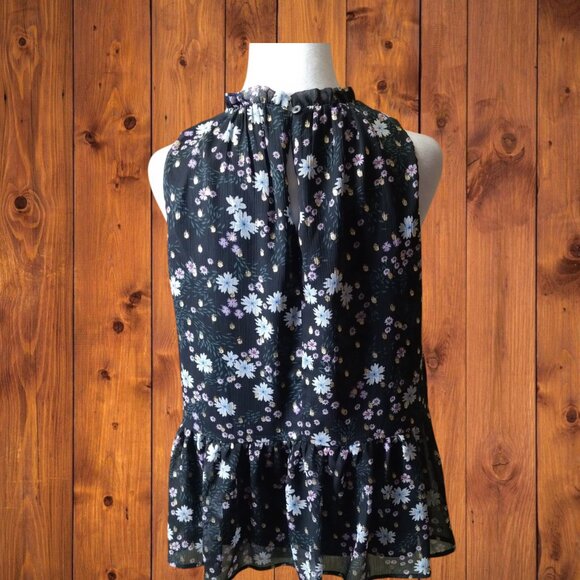 LOFT Size MP Medium Petite Black Sleeveless Floral Ruffle Accent Keyhole Blouse - Picture 8 of 8